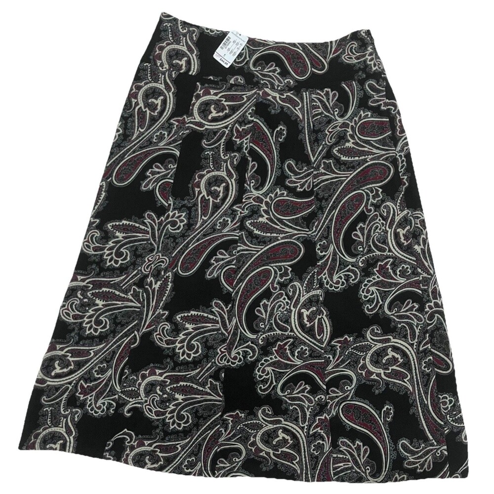 NWT Christopher Banks Black A-line Paisley Midi Length Skirt Size 8 Side Zip $45